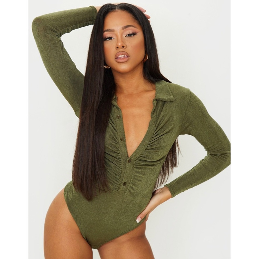 PRETTY LITTLE THING Rib Ruched Button Front Long Sleeve Bodysuit Khaki 12 NWT